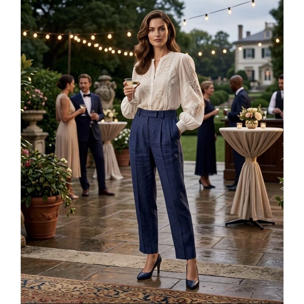 Vince Navy Pleated Linen Trousers Quiet Luxury Relaxed Coastal Chic Office 6